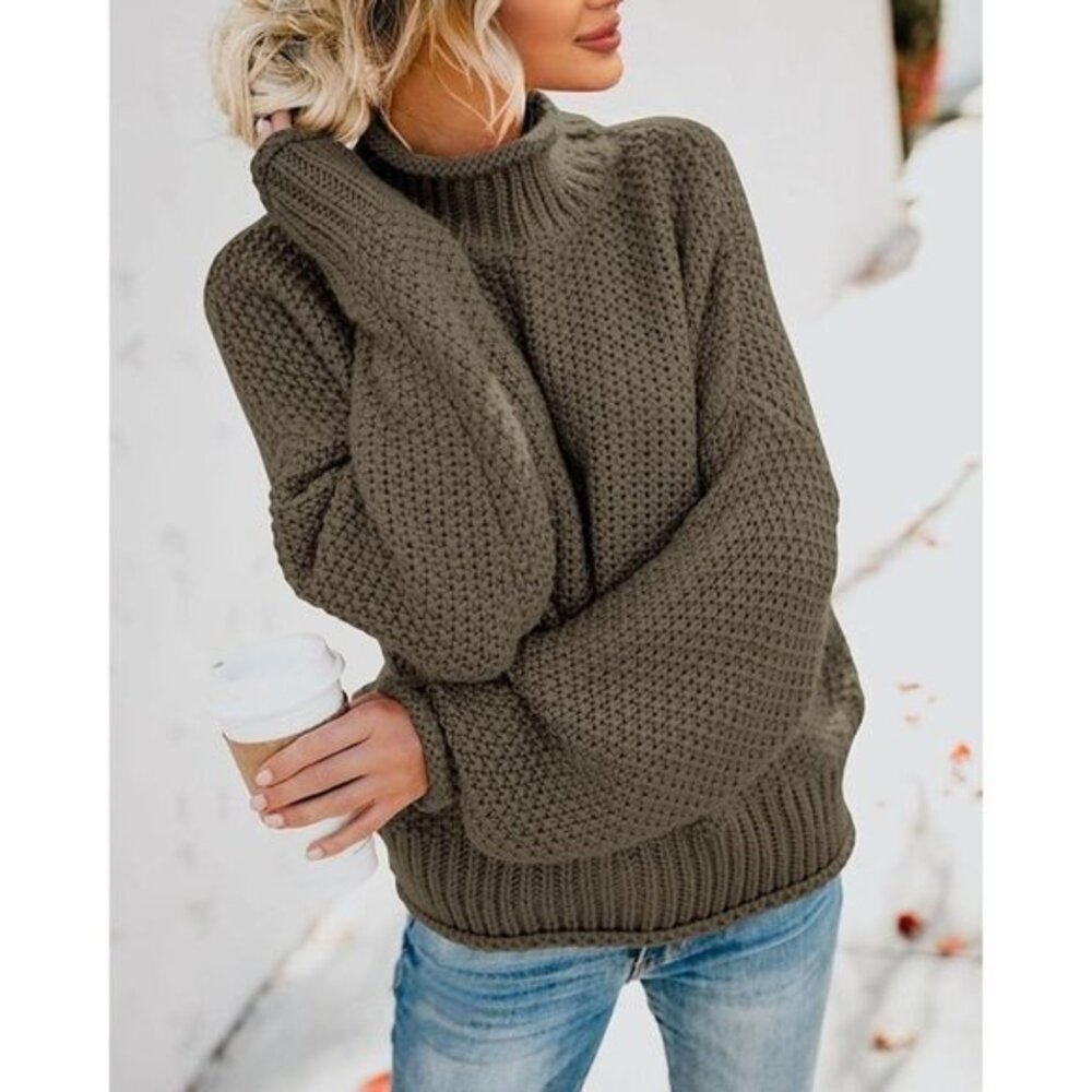 Women's Army Green Turtleneck Oversized Batwing Pullover Loose Chunky Sweater